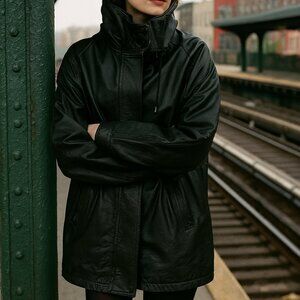 Vintage PHASE 2 100% Black Leather Removable Hood Coat Jacket Women's M